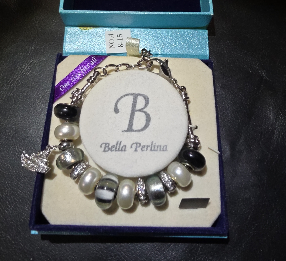 Bella Perlina Black, White & Silver Pearl Charm Bracelet